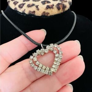 Paved rhinestones Heart pendant plus a free leather cord necklace silver tone